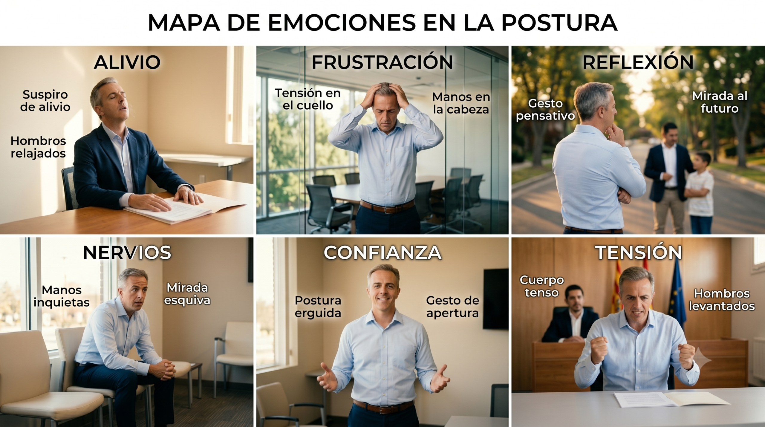 Mapa de emociones en la postura: alivio, frustración, reflexión, nervios, confianza y tensión