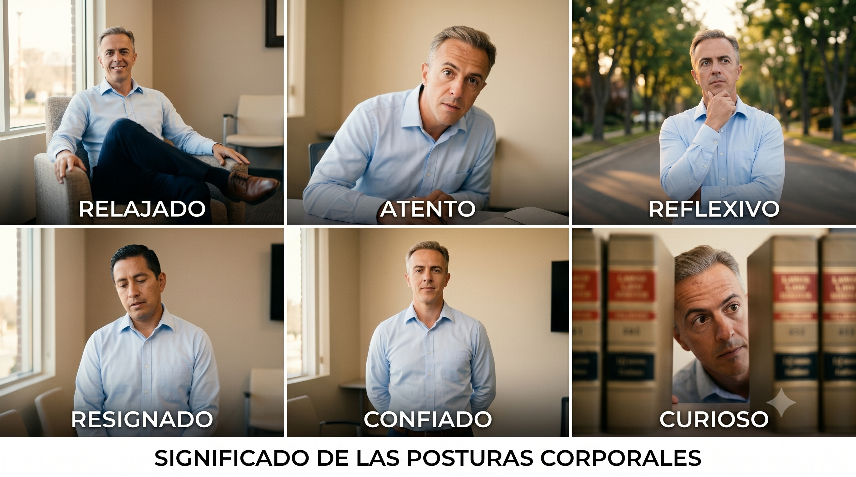 Significado de las posturas corporales: relajado, atento, reflexivo, resignado, confiado y curioso