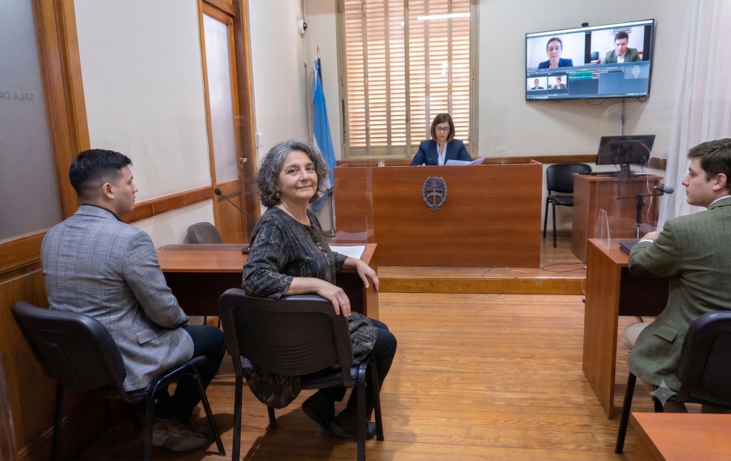 Mujer sentada, respirando con calma antes de su audiencia